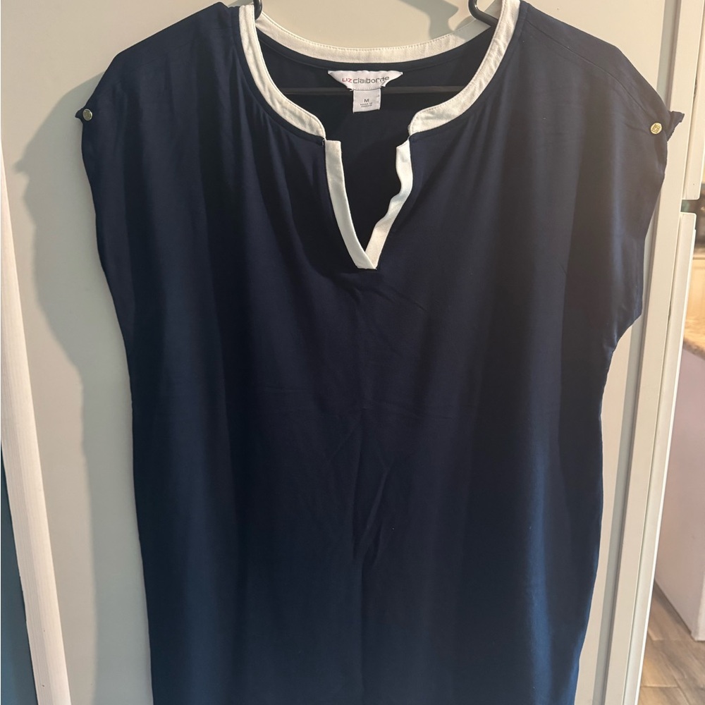 Liz Claiborne Blue Blouse with Mandarin Collar and Cap Sleeves